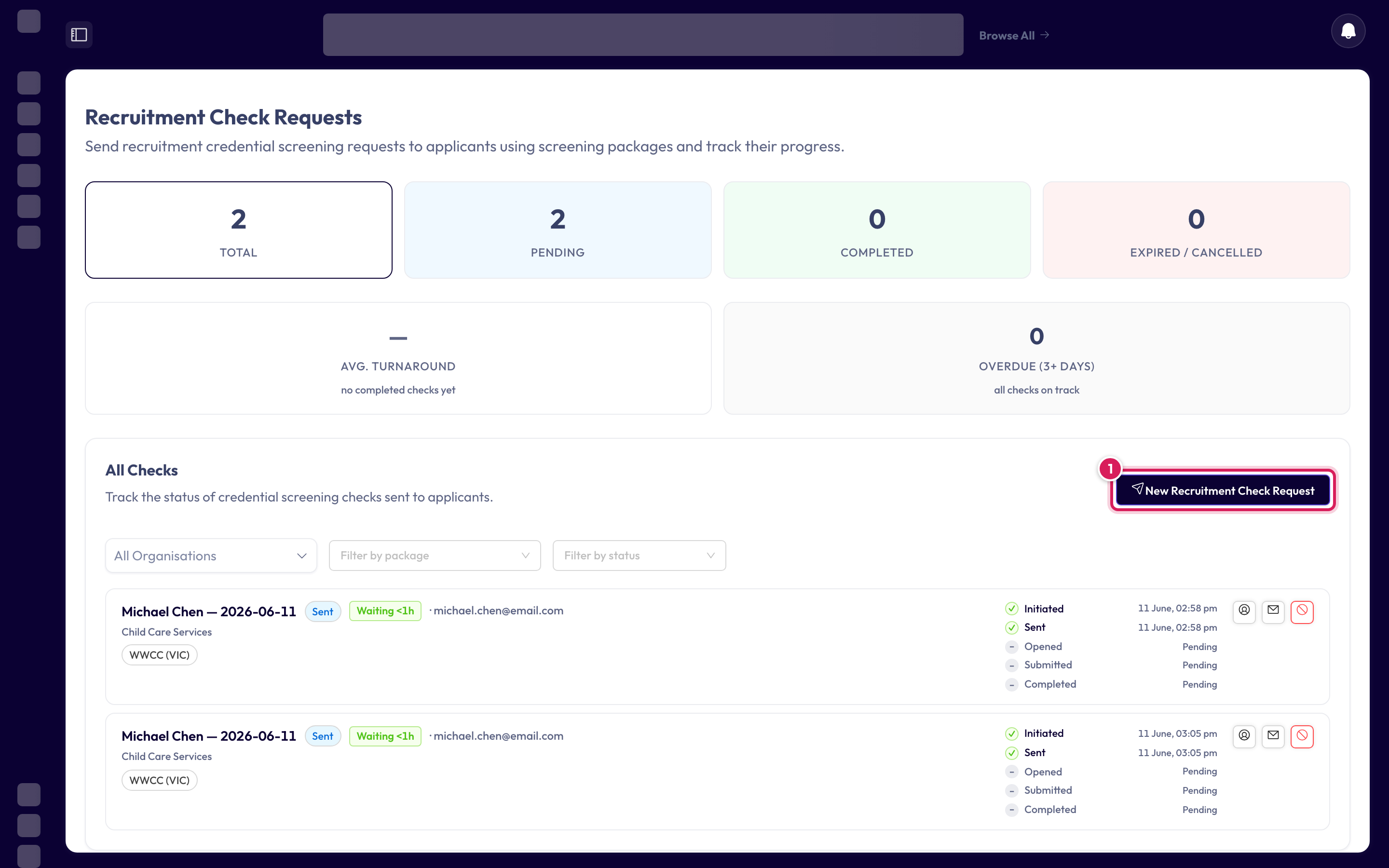 The Recruitment Check Requests page