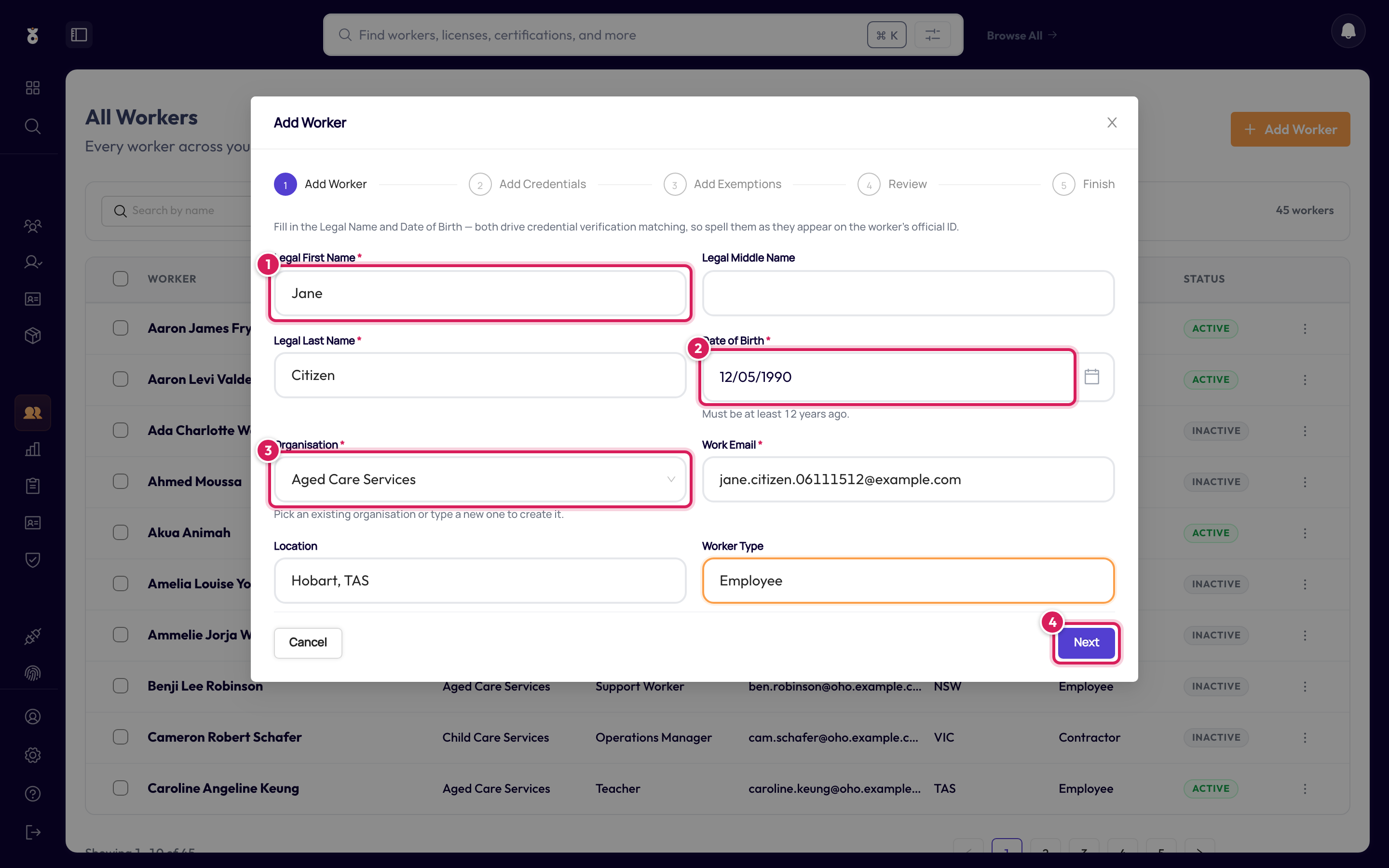The Add Worker form with the key fields numbered