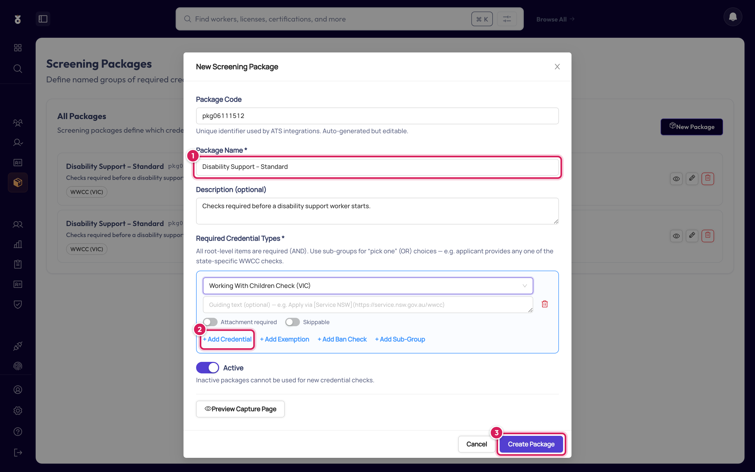 The package form with name, credential checkboxes, and save highlighted