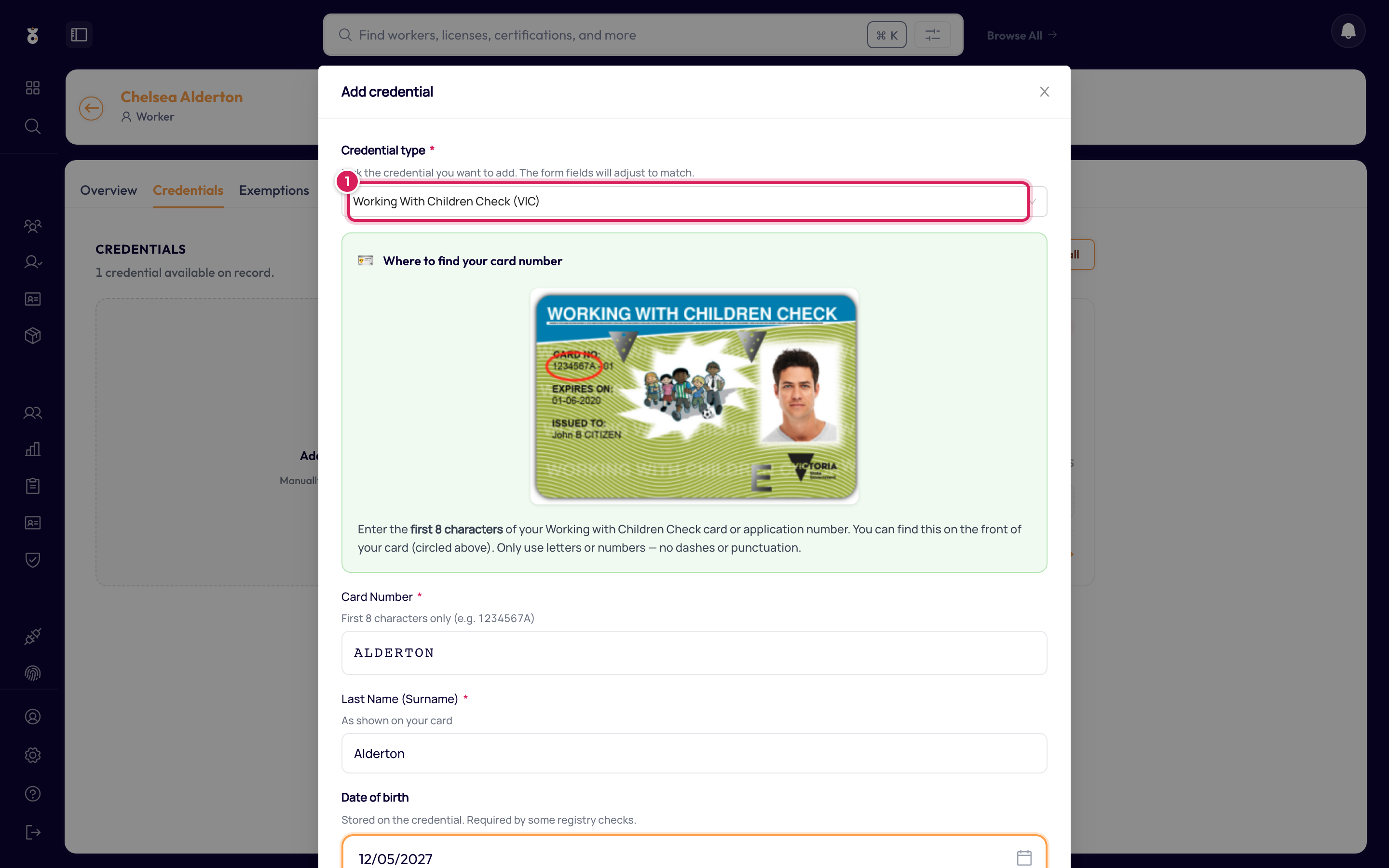 The credential details form