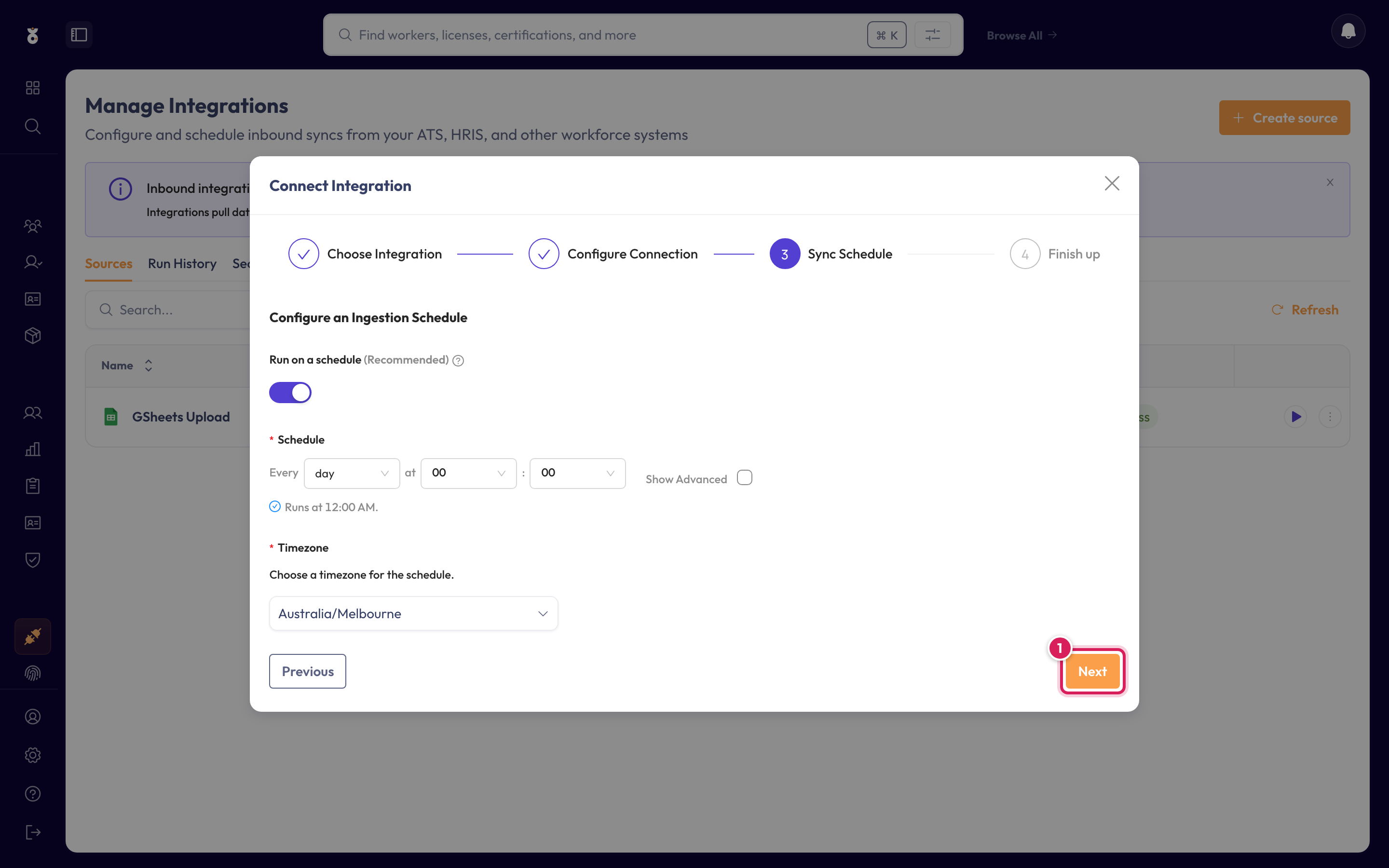 The sync schedule step